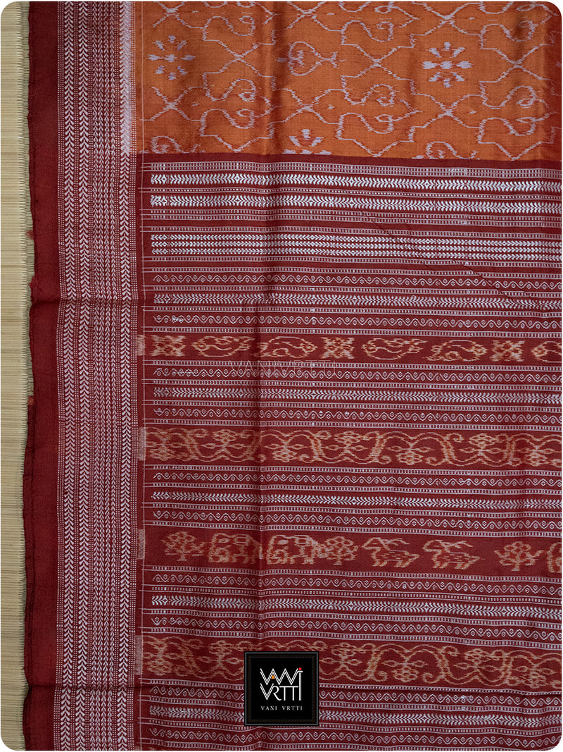 Rust Orange Brick Red Mughal Jaali Prakritik Madder & Haldi Natural Dyed Mulberry Silk Ikat Saree