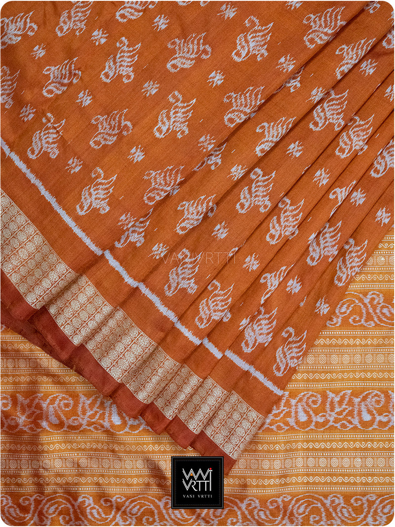 Orange Fern Butta Prakritik Madder & Haldi Natural Dyed Mulberry Silk Ikat Saree