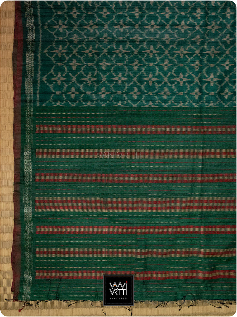 Jackfruit Leaf Green Chrysanthemum Master Weave Designer Handspun Ikat Tussar Silk Saree