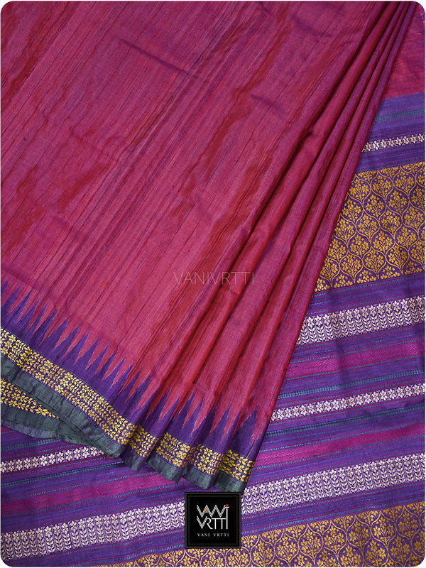 Bougainvillea Pink Purple Parijat Handspun Tussar Silk Saree