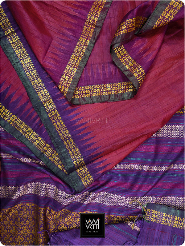 Bougainvillea Pink Purple Parijat Handspun Tussar Silk Saree