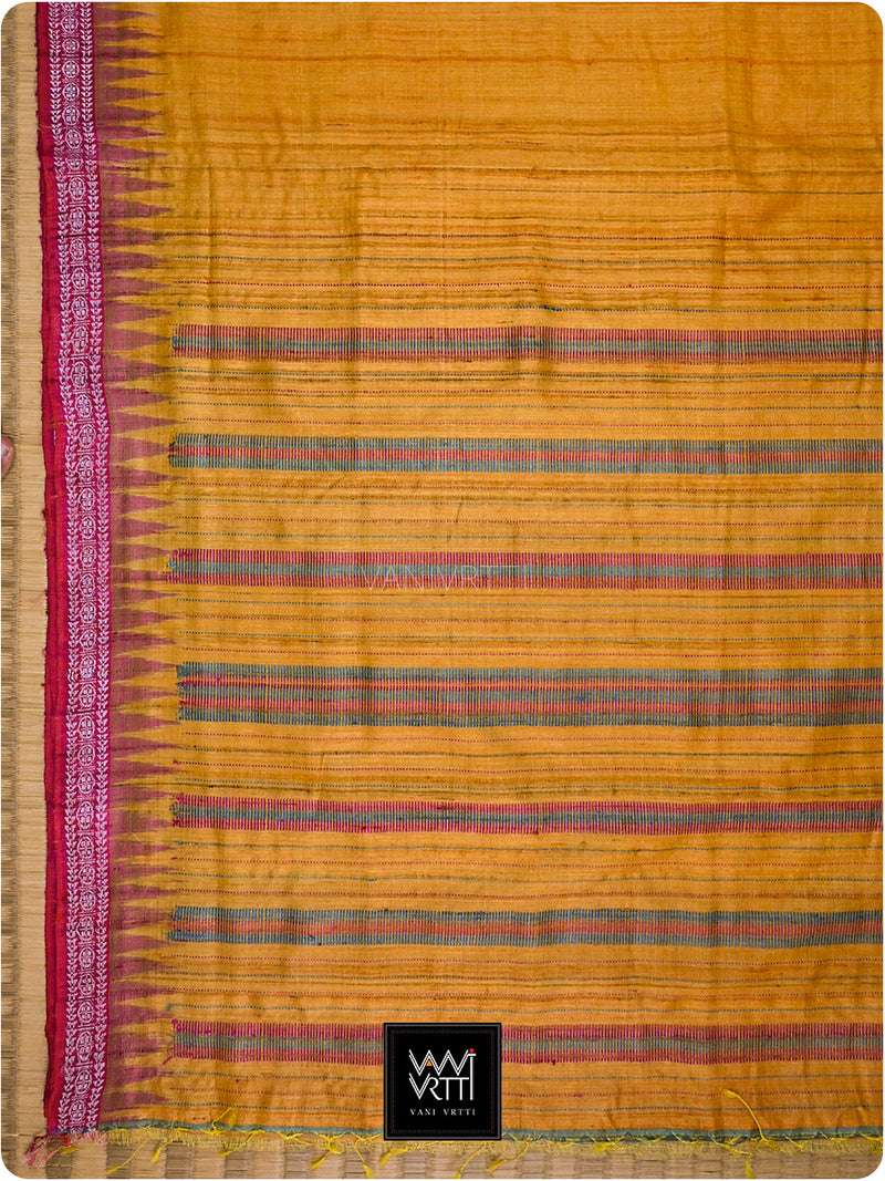 Golden Yellow Pink Firozi Ganga Jamuna Aarush Handspun Tussar Silk Saree