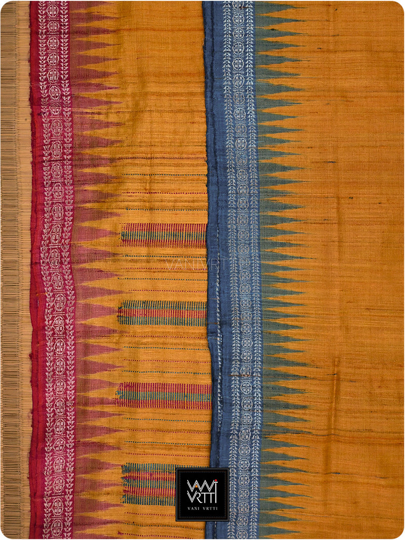 Golden Yellow Pink Firozi Ganga Jamuna Aarush Handspun Tussar Silk Saree