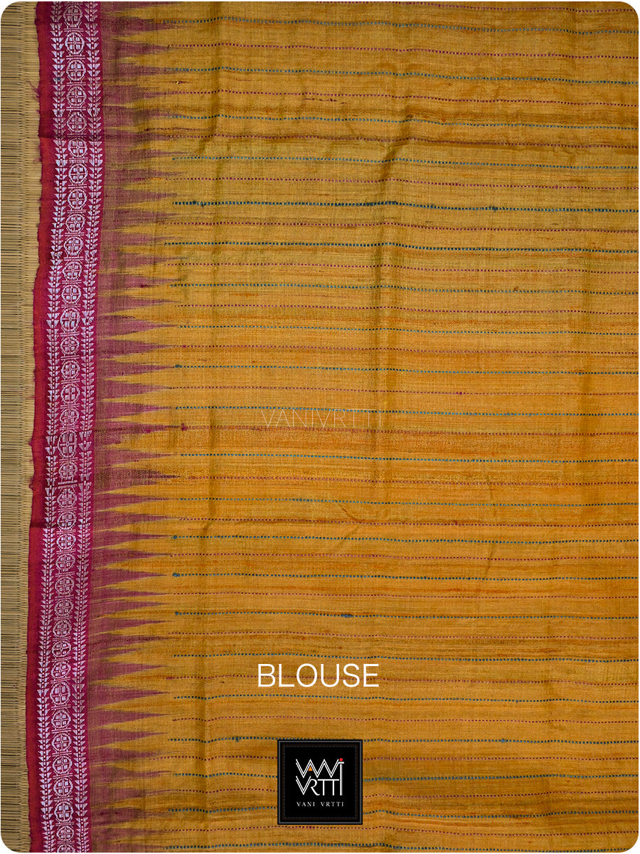 Golden Yellow Pink Firozi Ganga Jamuna Aarush Handspun Tussar Silk Saree