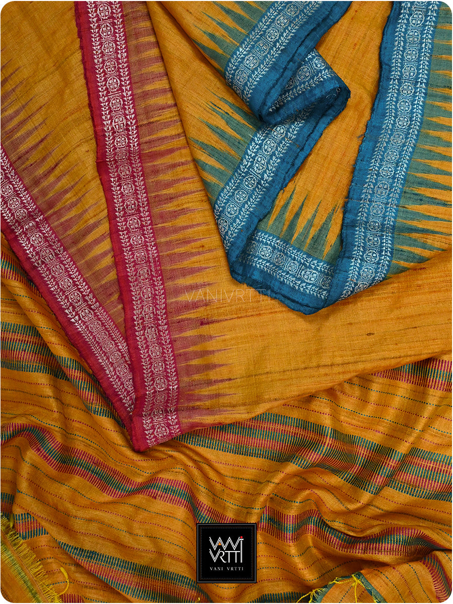 Golden Yellow Pink Firozi Ganga Jamuna Aarush Handspun Tussar Silk Saree