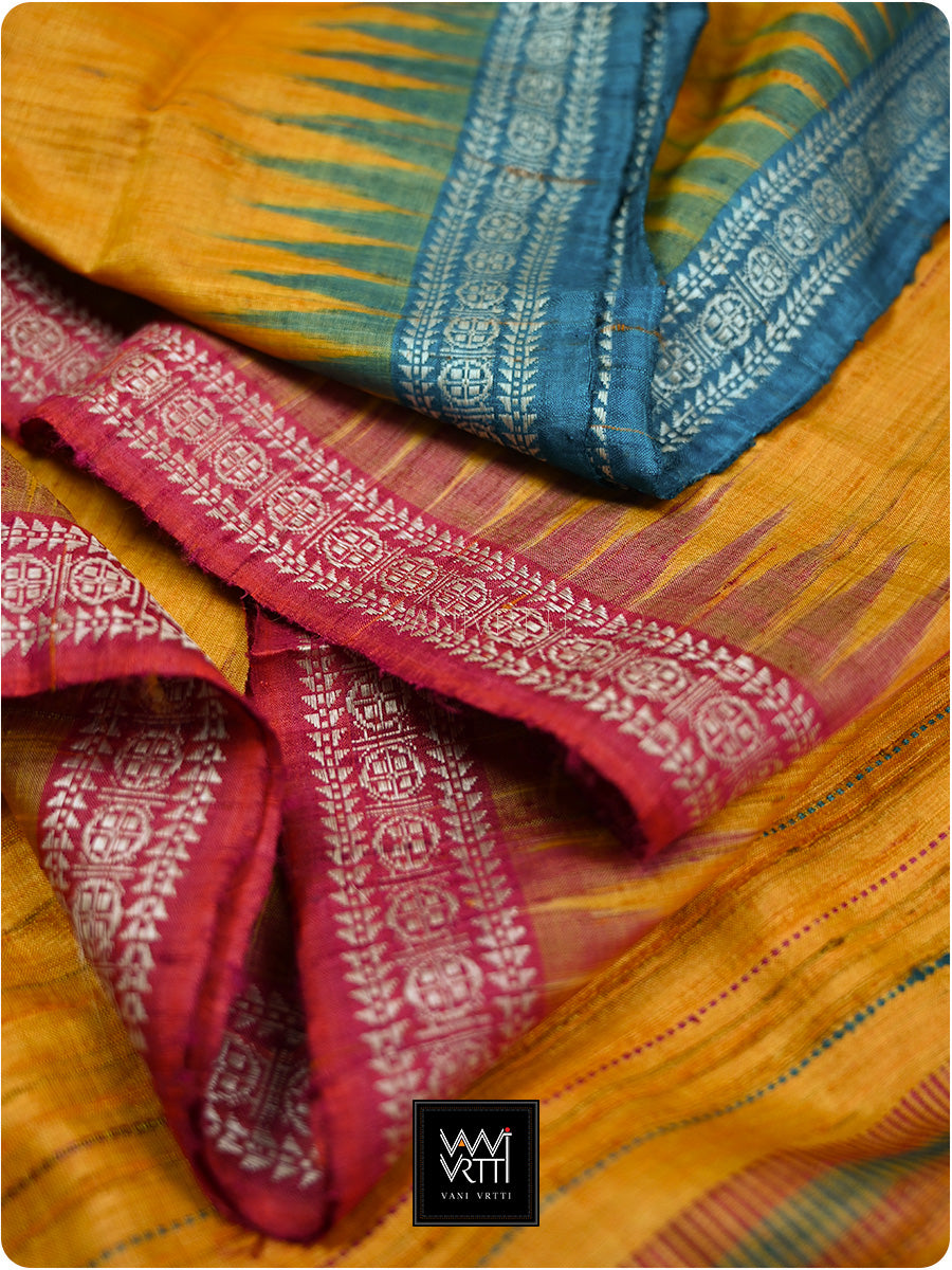 Golden Yellow Pink Firozi Ganga Jamuna Aarush Handspun Tussar Silk Saree