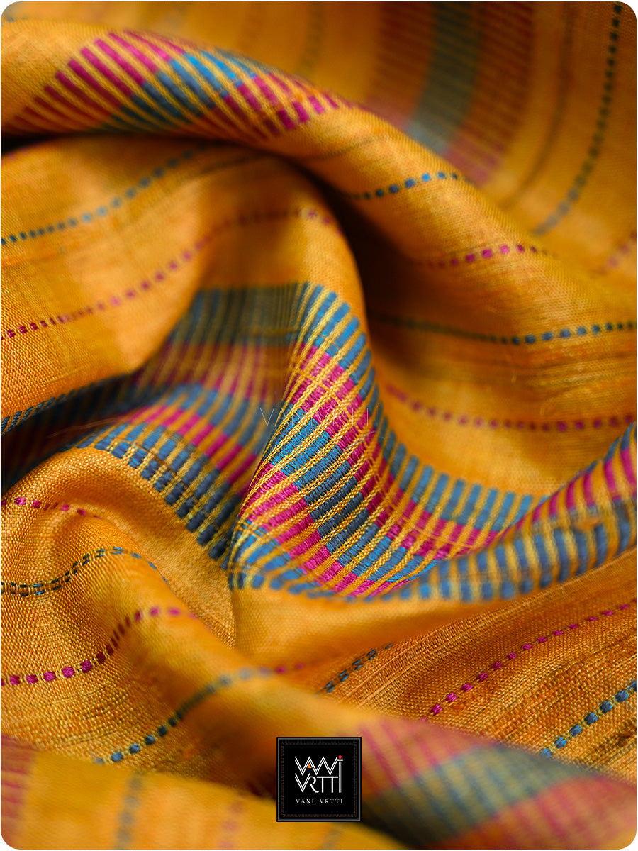 Golden Yellow Pink Firozi Ganga Jamuna Aarush Handspun Tussar Silk Saree