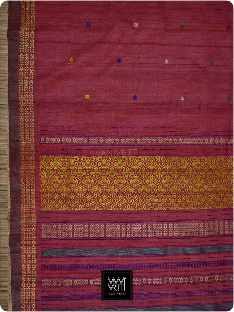Pomegranate Red Parijat Handspun Tussar Silk Saree