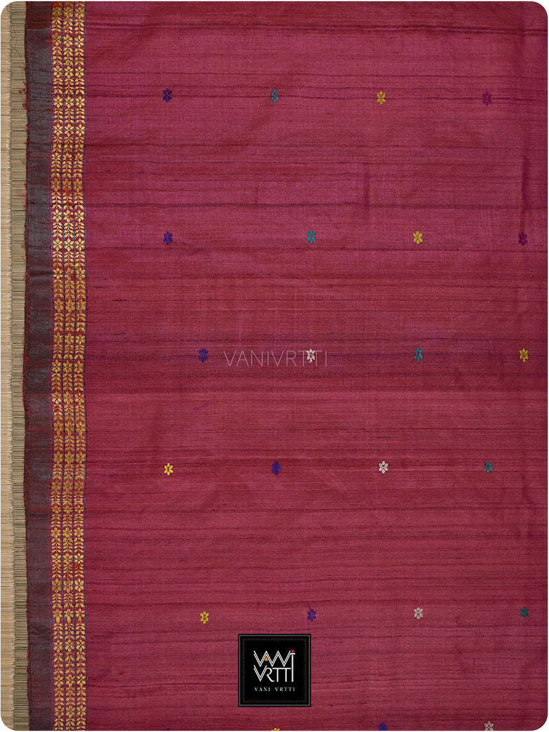 Pomegranate Red Parijat Handspun Tussar Silk Saree