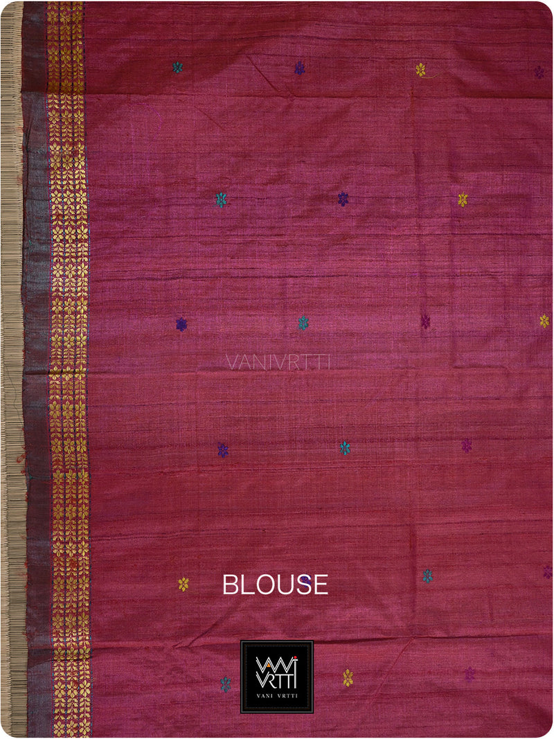 Pomegranate Red Parijat Handspun Tussar Silk Saree