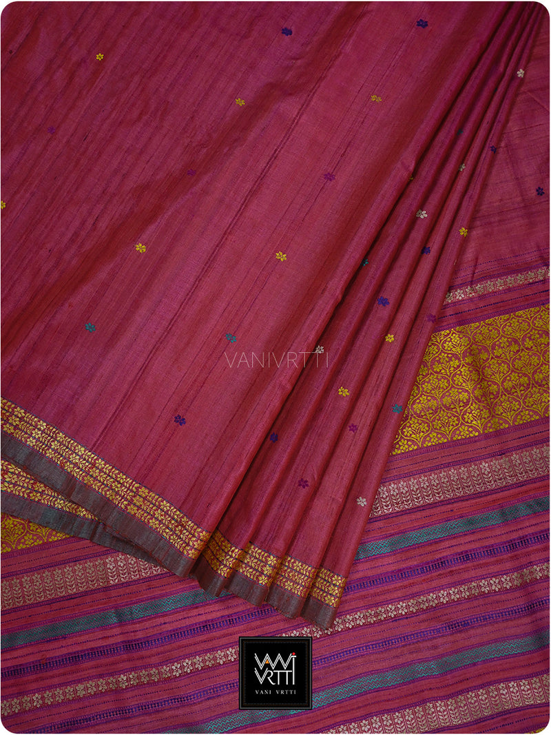 Pomegranate Red Parijat Handspun Tussar Silk Saree