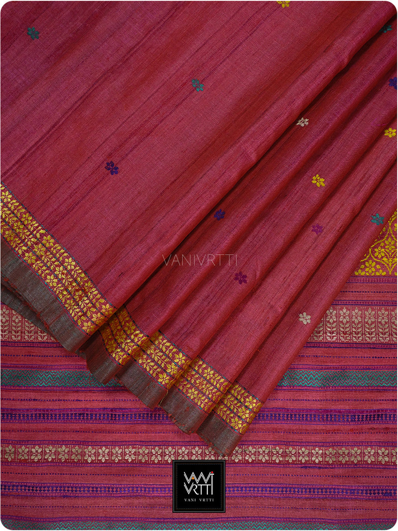 Pomegranate Red Parijat Handspun Tussar Silk Saree