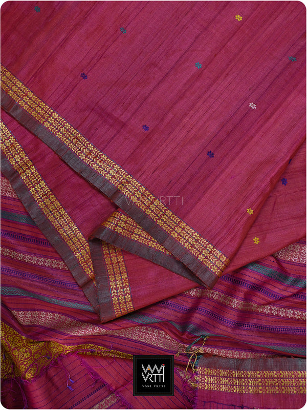 Pomegranate Red Parijat Handspun Tussar Silk Saree