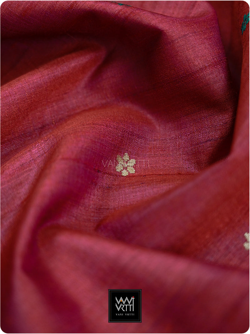 Pomegranate Red Parijat Handspun Tussar Silk Saree