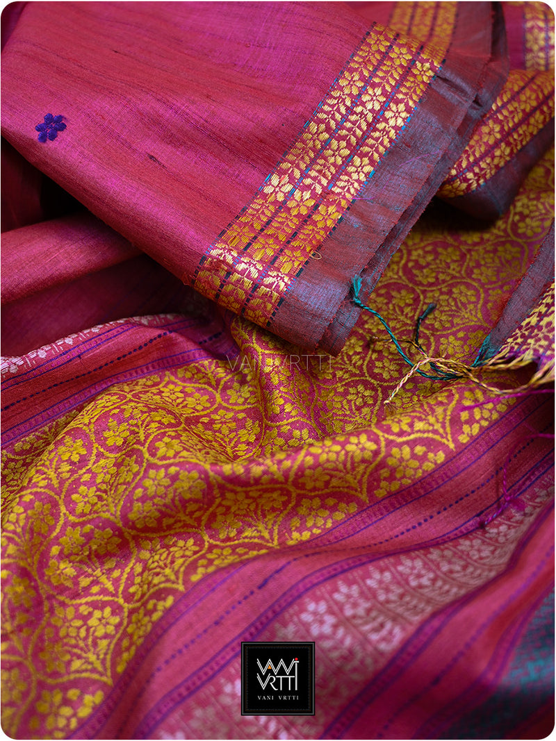 Pomegranate Red Parijat Handspun Tussar Silk Saree