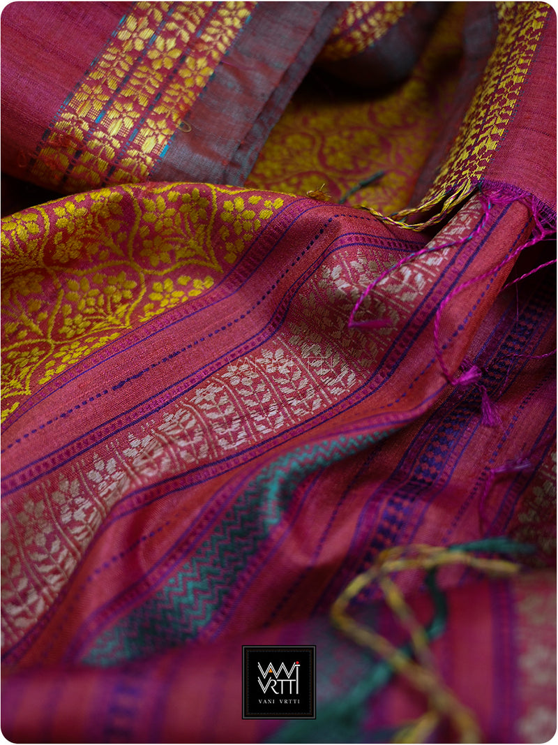 Pomegranate Red Parijat Handspun Tussar Silk Saree