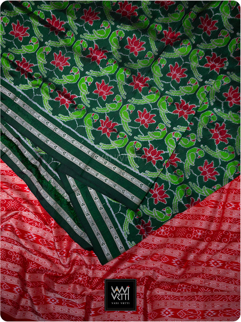 Emerald Green Red Lotus Parrot Mulberry Silk Ikat Saree