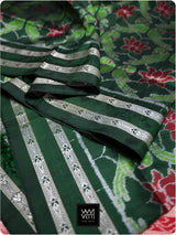 Emerald Green Red Lotus Parrot Mulberry Silk Ikat Saree