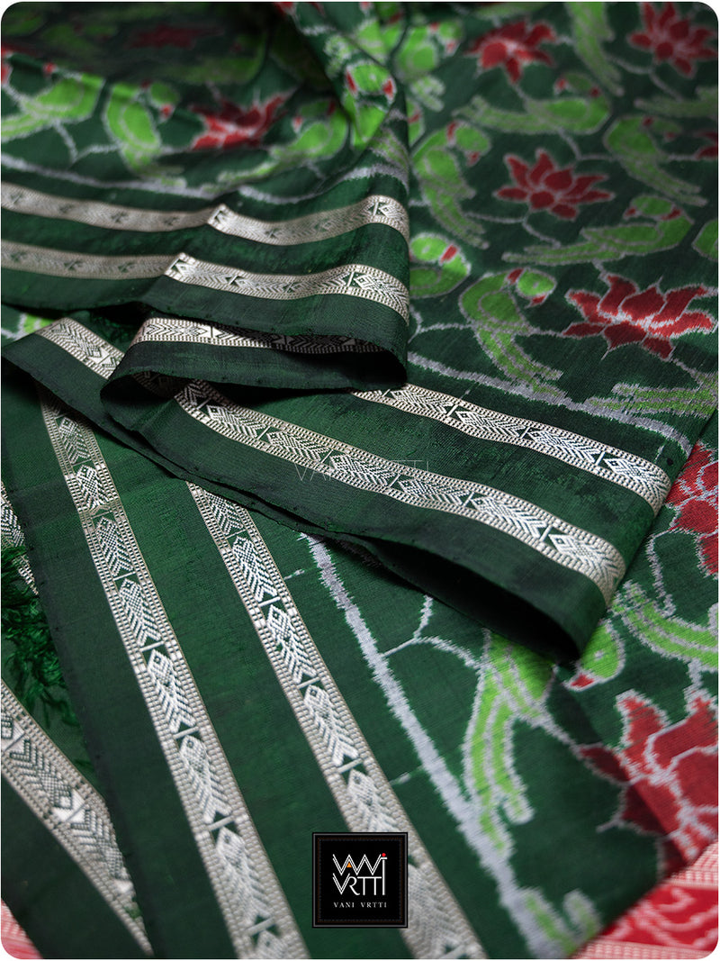 Emerald Green Red Lotus Parrot Mulberry Silk Ikat Saree