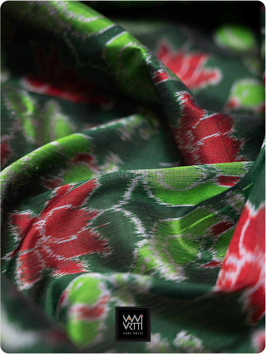 Emerald Green Red Lotus Parrot Mulberry Silk Ikat Saree