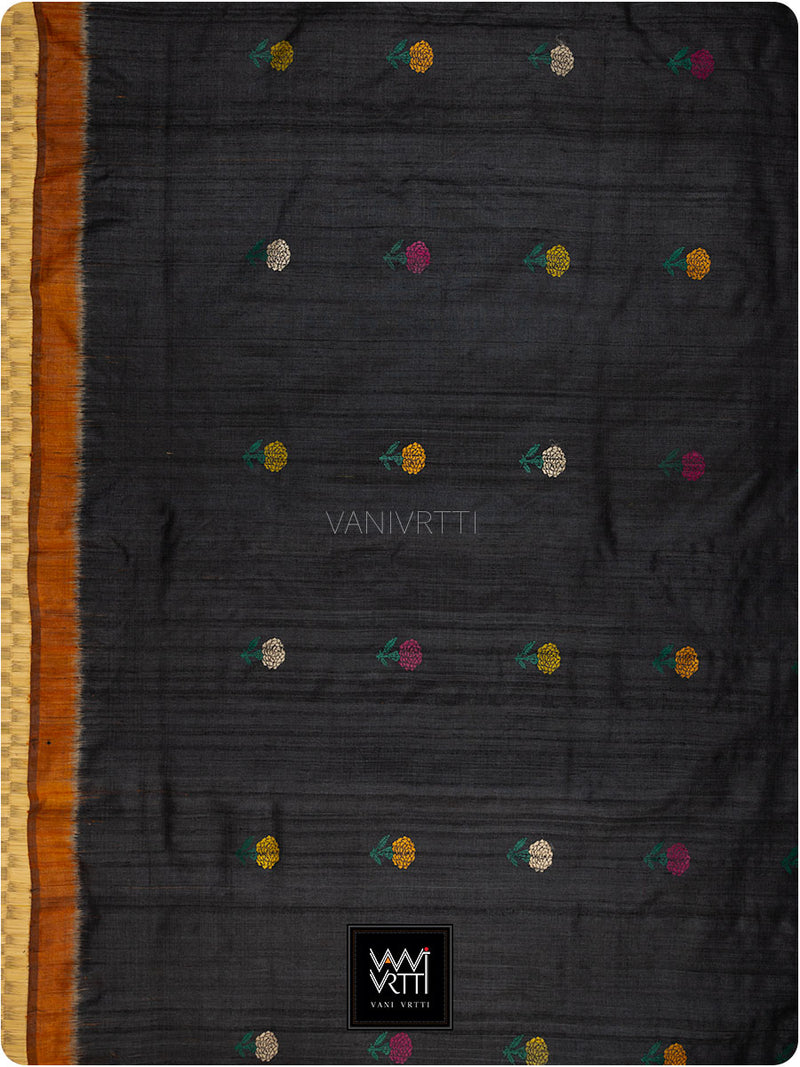 Black Rust Wine Marigold Wild Garden Master Weave Exclusive Handspun Tussar Silk Saree
