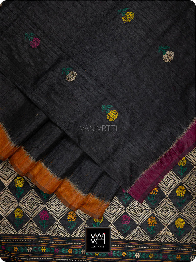 Black Rust Wine Marigold Wild Garden Master Weave Exclusive Handspun Tussar Silk Saree