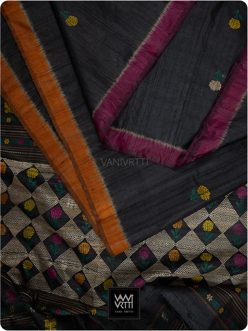 Black Rust Wine Marigold Wild Garden Master Weave Exclusive Handspun Tussar Silk Saree