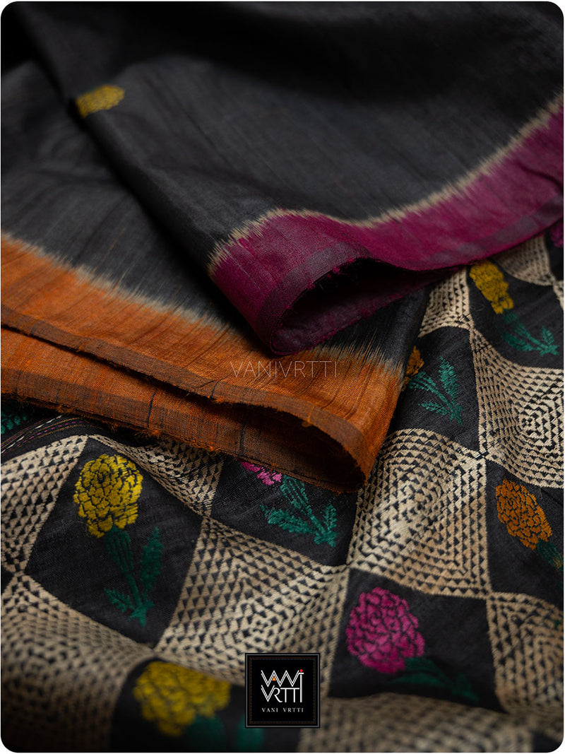 Black Rust Wine Marigold Wild Garden Master Weave Exclusive Handspun Tussar Silk Saree