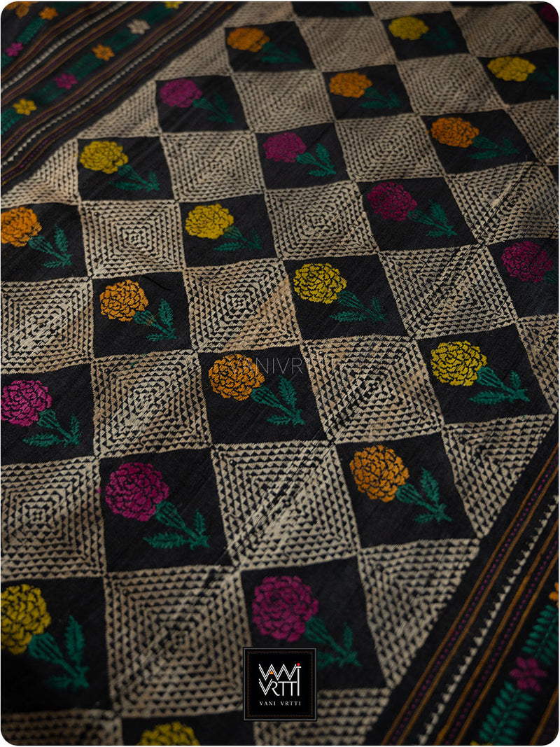 Black Rust Wine Marigold Wild Garden Master Weave Exclusive Handspun Tussar Silk Saree