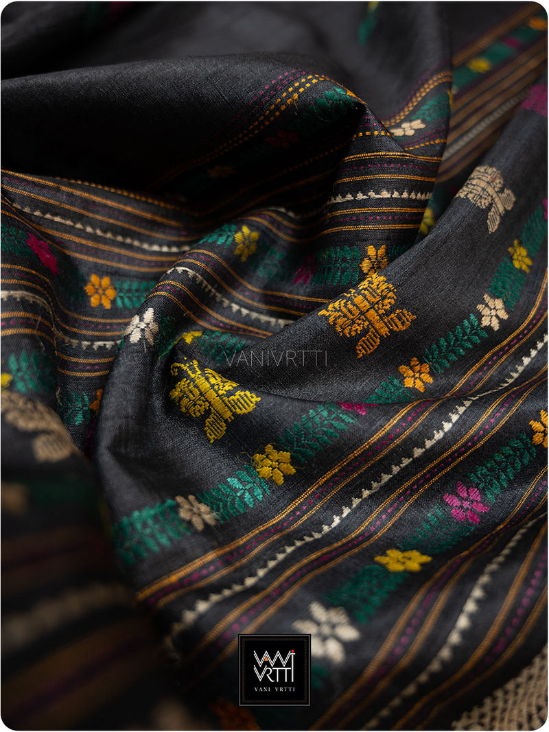 Black Rust Wine Marigold Wild Garden Master Weave Exclusive Handspun Tussar Silk Saree