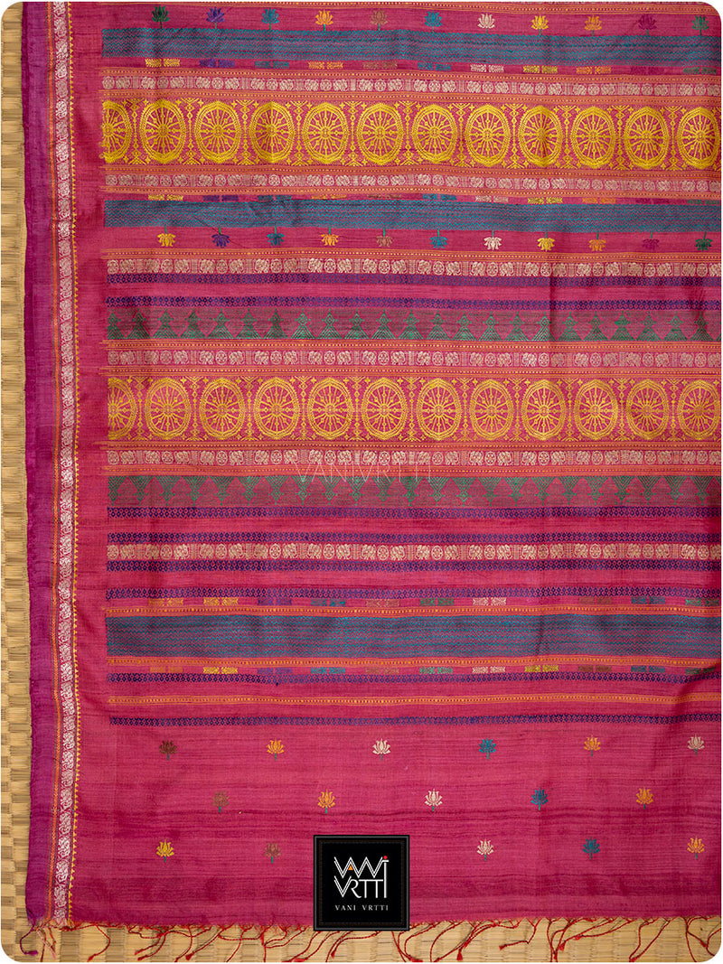 Deep Maroon Pink Airavata Konark Double Palla Handspun Tussar Silk Saree
