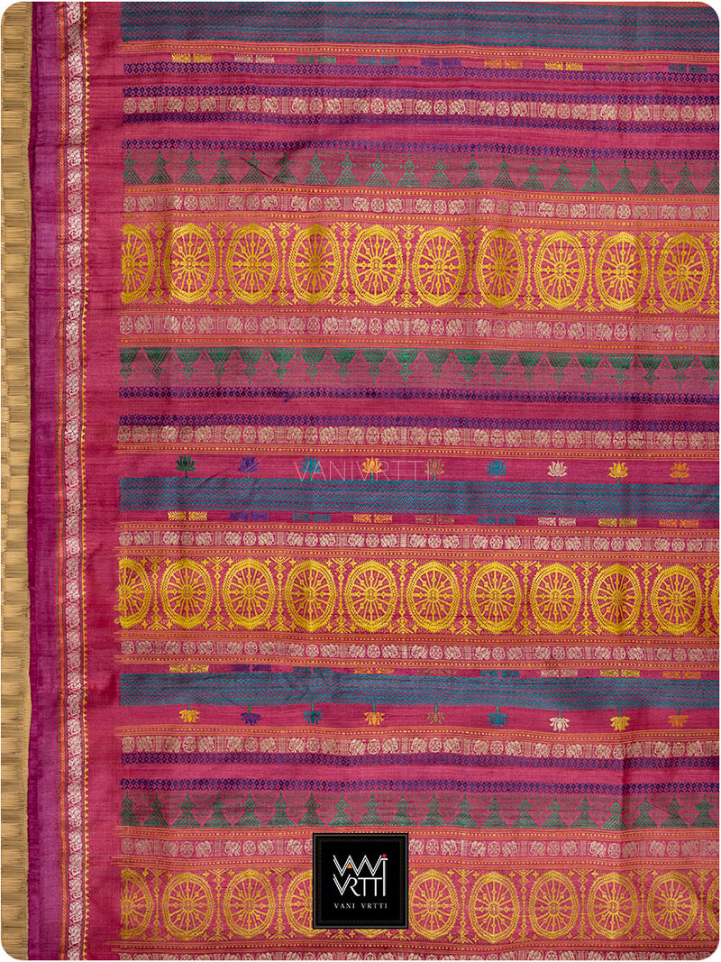 Deep Maroon Pink Airavata Konark Double Palla Handspun Tussar Silk Saree