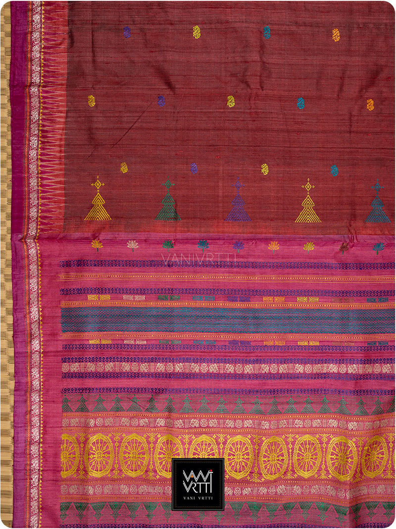 Deep Maroon Pink Airavata Konark Double Palla Handspun Tussar Silk Saree