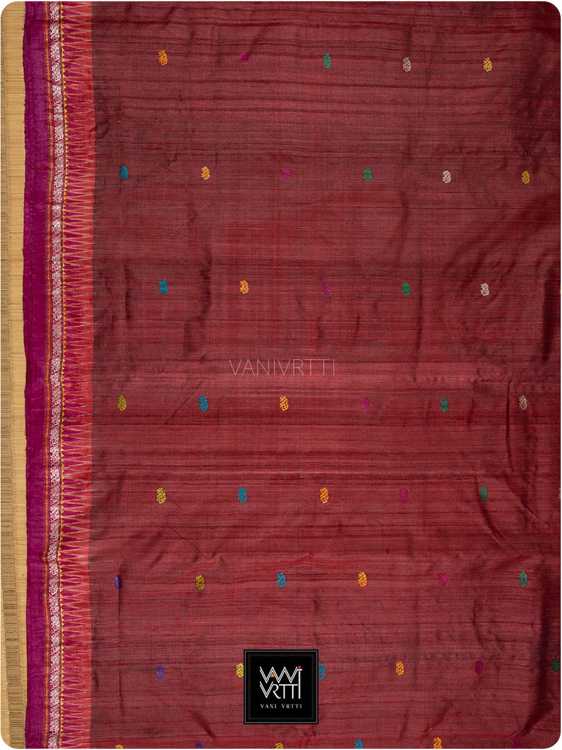Deep Maroon Pink Airavata Konark Double Palla Handspun Tussar Silk Saree