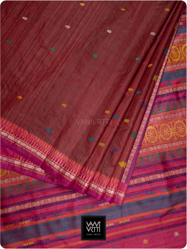 Deep Maroon Pink Airavata Konark Double Palla Handspun Tussar Silk Saree