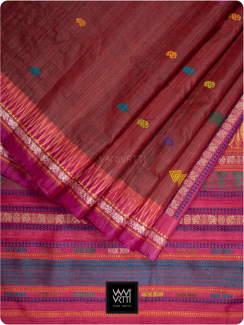 Deep Maroon Pink Airavata Konark Double Palla Handspun Tussar Silk Saree