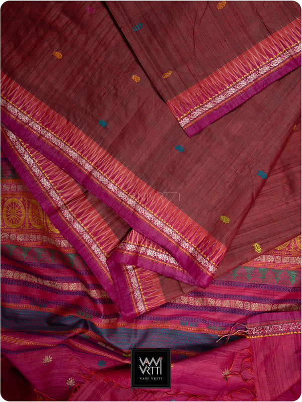 Deep Maroon Pink Airavata Konark Double Palla Handspun Tussar Silk Saree