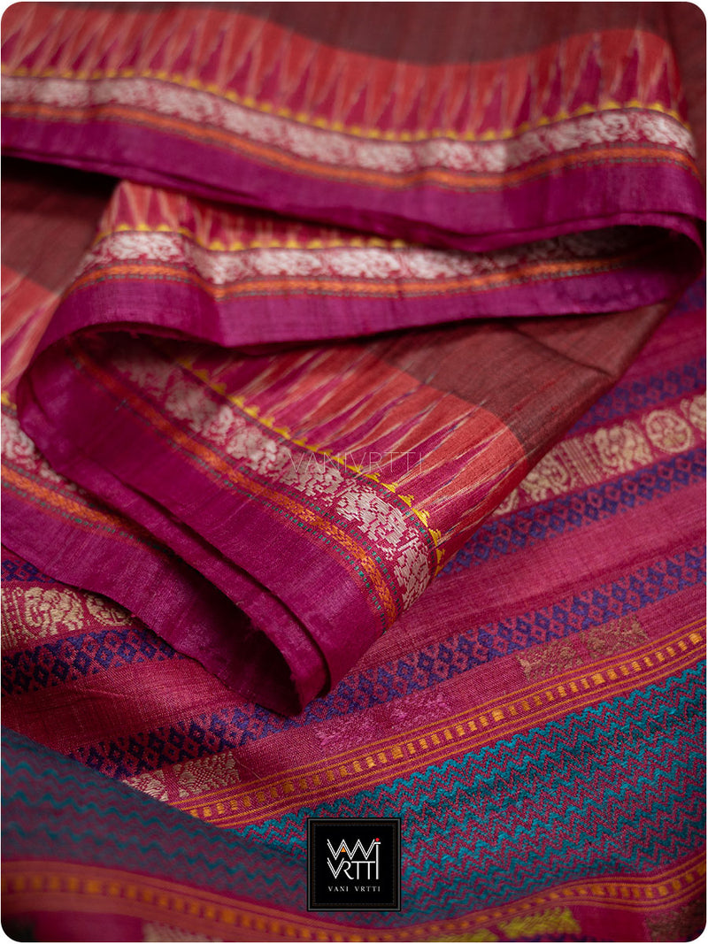 Deep Maroon Pink Airavata Konark Double Palla Handspun Tussar Silk Saree