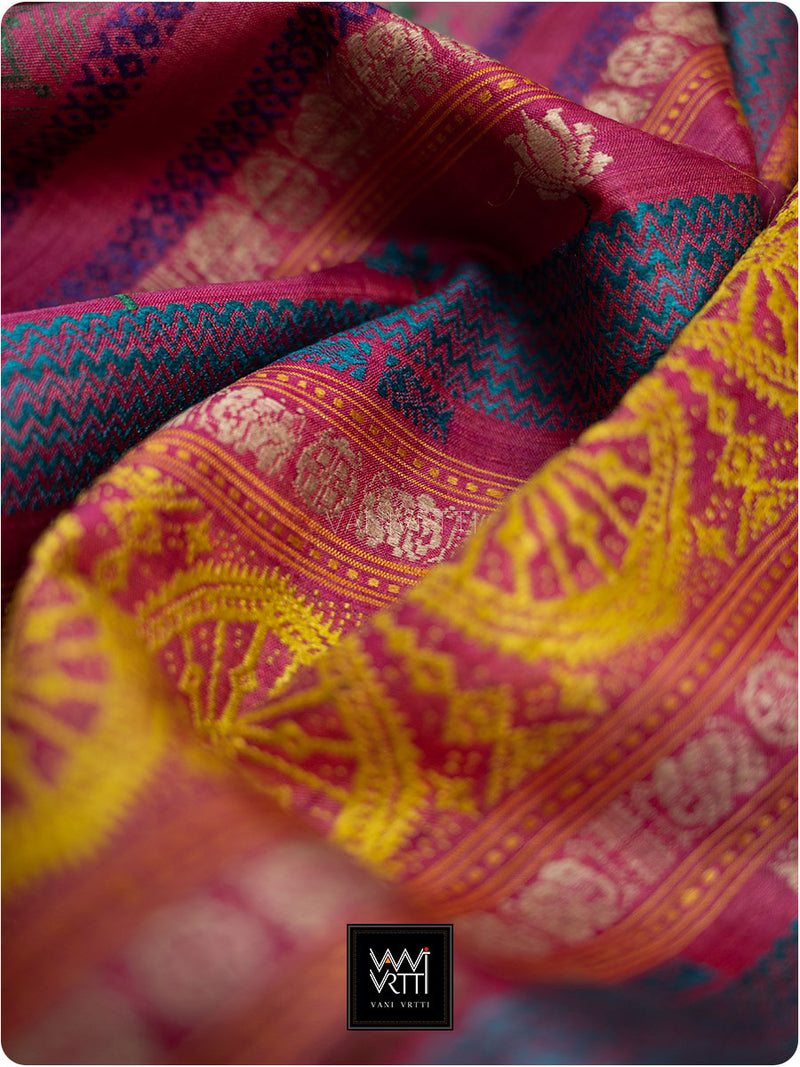 Deep Maroon Pink Airavata Konark Double Palla Handspun Tussar Silk Saree
