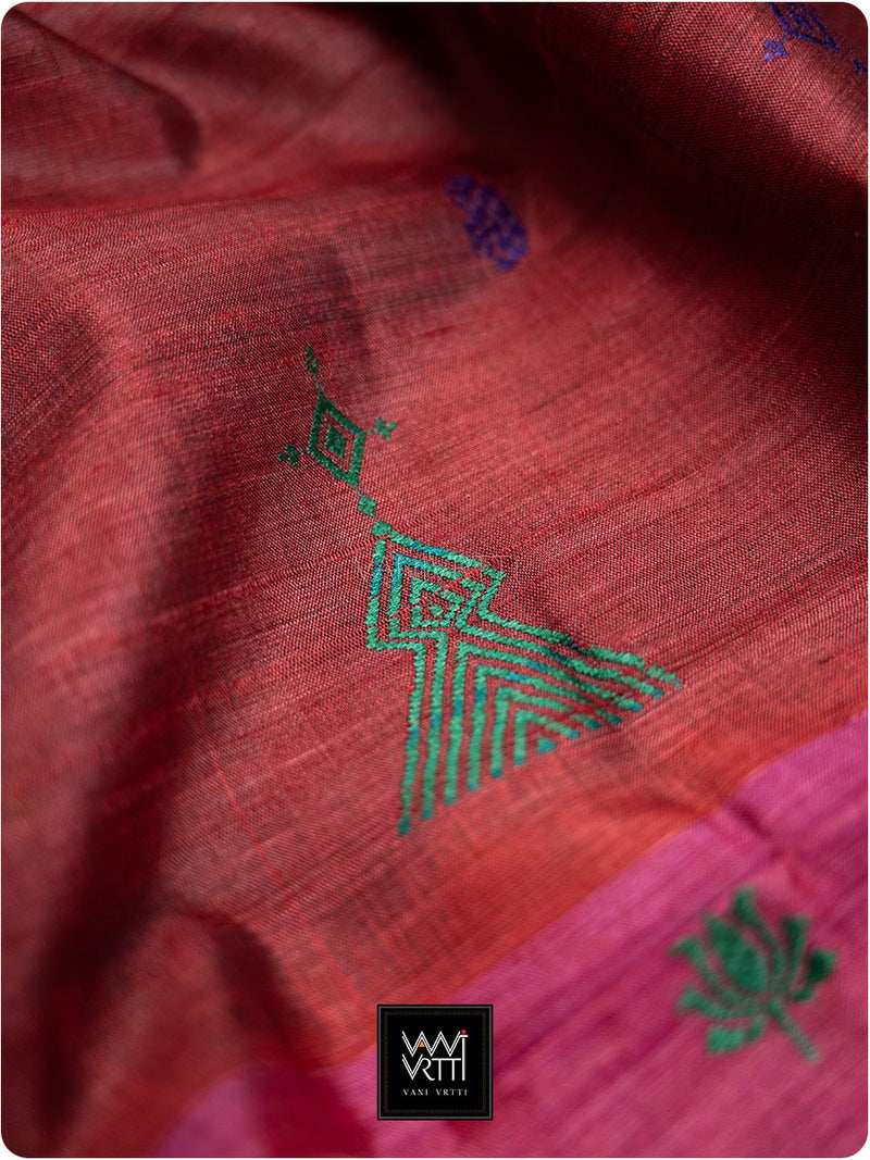 Deep Maroon Pink Airavata Konark Double Palla Handspun Tussar Silk Saree