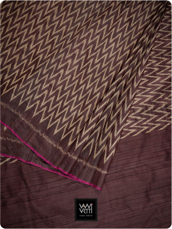 Coffee Brown Aziz Ikat Handspun Tussar Silk Saree
