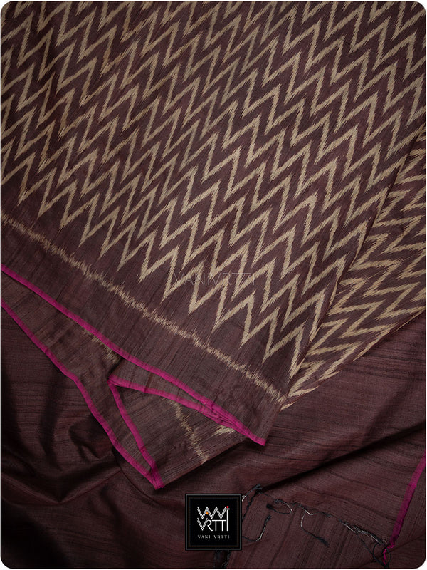 Coffee Brown Aziz Ikat Handspun Tussar Silk Saree
