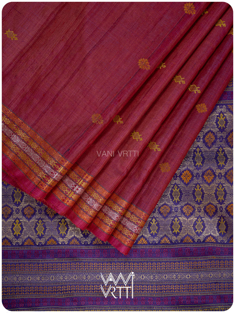 Laal Baingani Matsya Kachhap Handspun Tussar Silk Saree