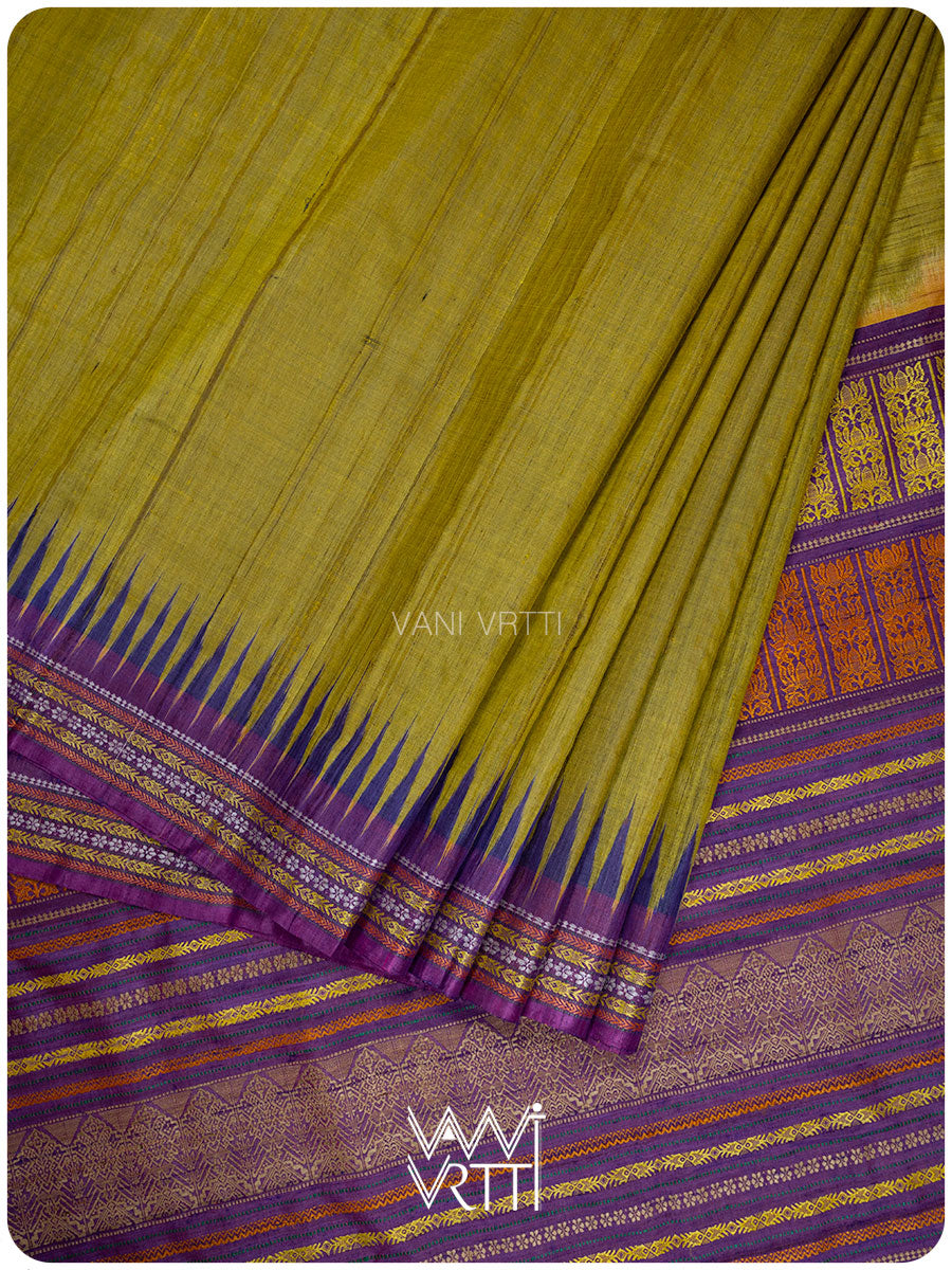 Green Gold Violet Ananta Handspun Tussar Silk Saree