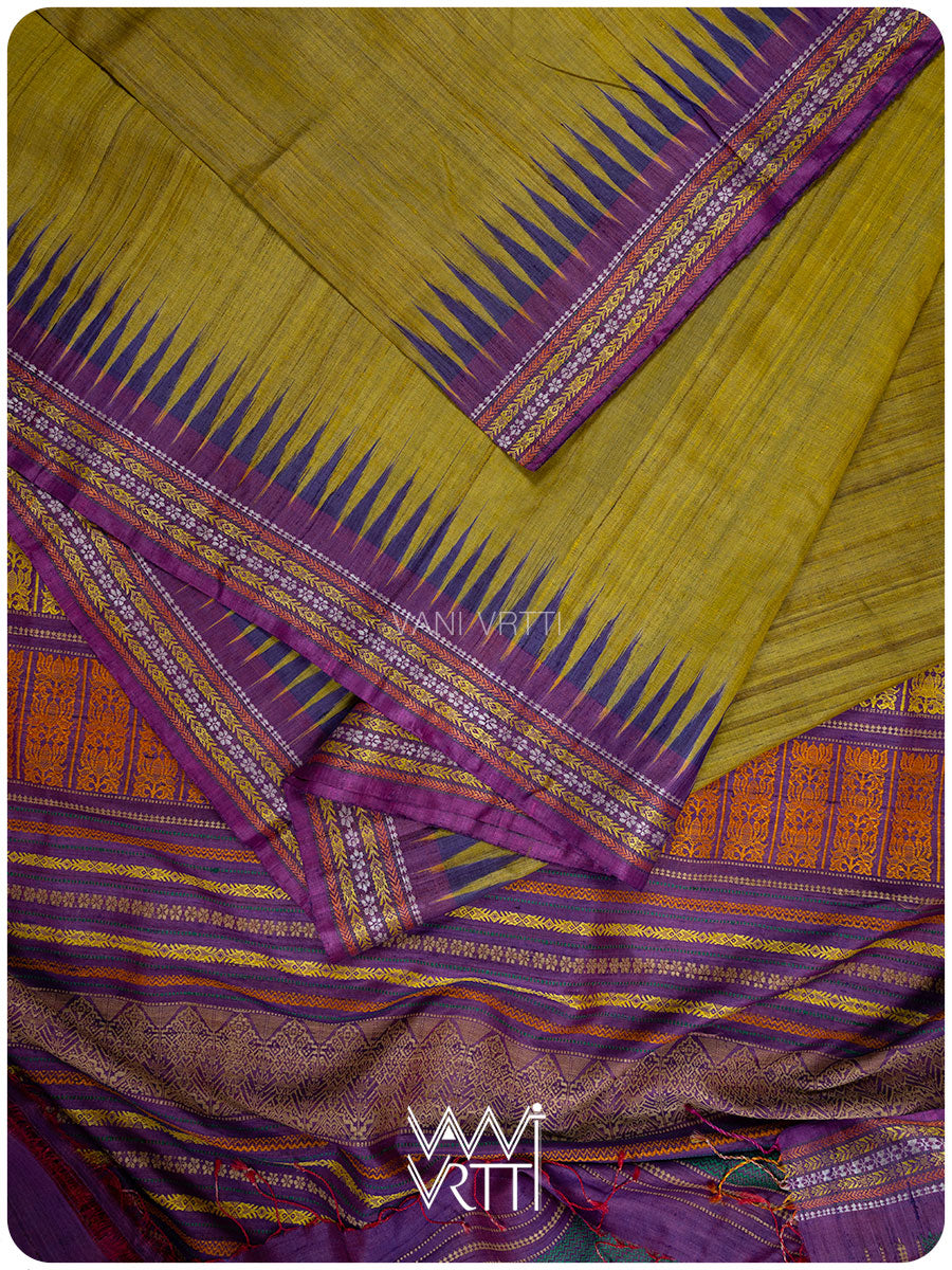 Green Gold Violet Ananta Handspun Tussar Silk Saree