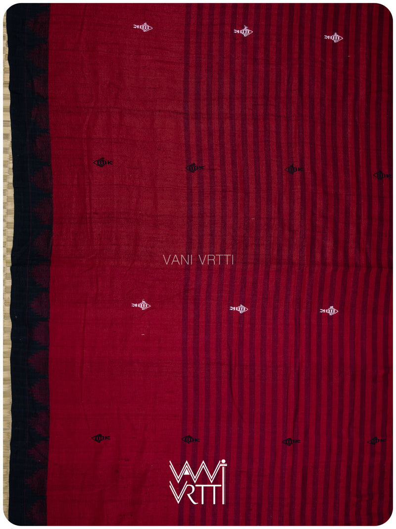 Deep Red Color Blocking Natural Dyed Phoda Kumbha Handwoven Cotton Tussar Kotpad Saree