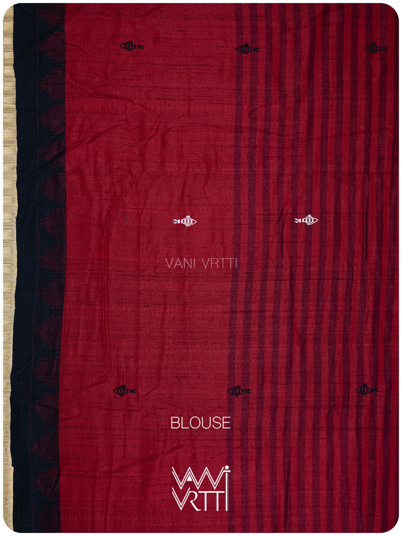 Deep Red Color Blocking Natural Dyed Phoda Kumbha Handwoven Cotton Tussar Kotpad Saree