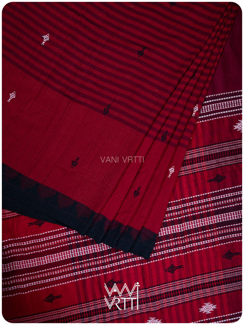 Deep Red Color Blocking Natural Dyed Phoda Kumbha Handwoven Cotton Tussar Kotpad Saree