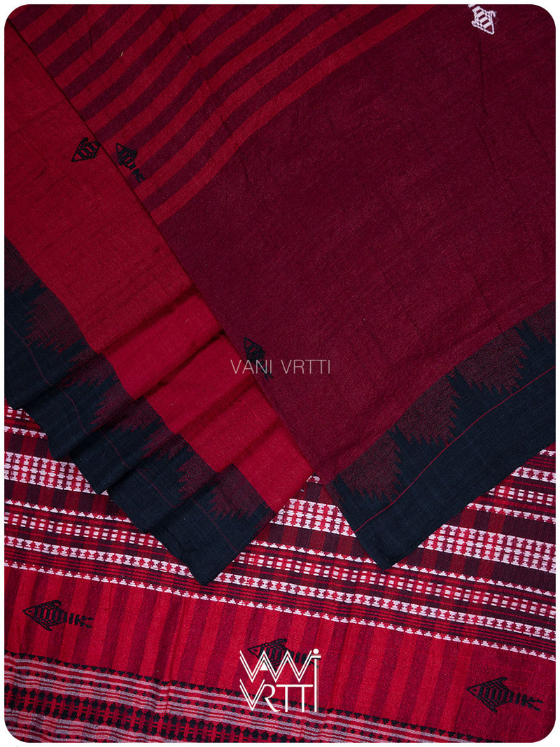 Deep Red Color Blocking Natural Dyed Phoda Kumbha Handwoven Cotton Tussar Kotpad Saree