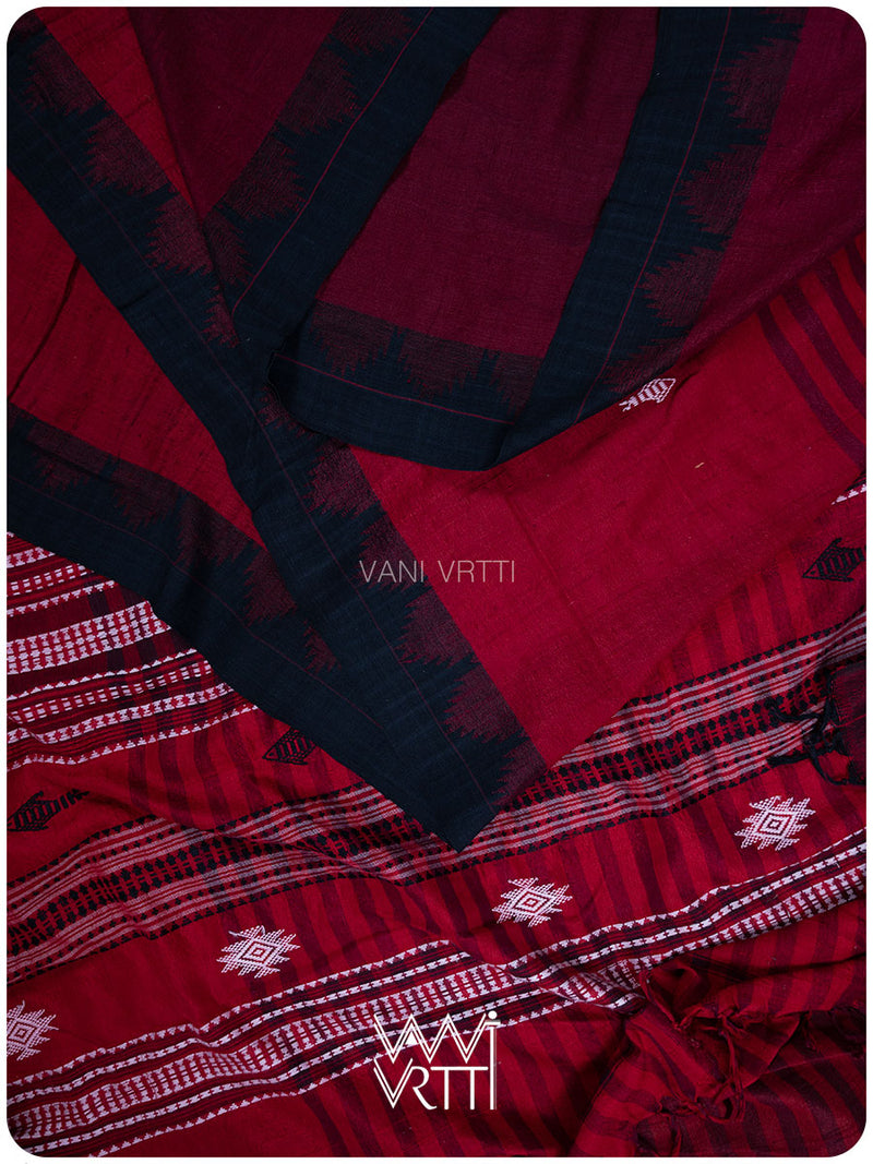 Deep Red Color Blocking Natural Dyed Phoda Kumbha Handwoven Cotton Tussar Kotpad Saree